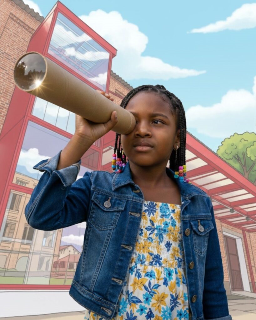 A imagem apresenta uma menina jovem, de pele negra e cabelos trançados com miçangas coloridas, em um plano médio. Ela veste uma jaqueta jeans sobre um vestido floral azul e amarelo. A menina segura um longo tubo de papelão marrom próximo ao olho direito, como se estivesse usando um telescópio ou binóculo improvisado. O objeto possui uma lente transparente na extremidade voltada para o espectador, onde se reflete um brilho de luz. O fundo da imagem é uma composição artística que mistura fotografia e ilustração: uma estrutura arquitetônica de tijolos vermelhos com grandes janelas de vidro, que parece um desenho ou pintura digital, criando um contraste entre a figura realista da criança e o cenário estilizado ao fundo.