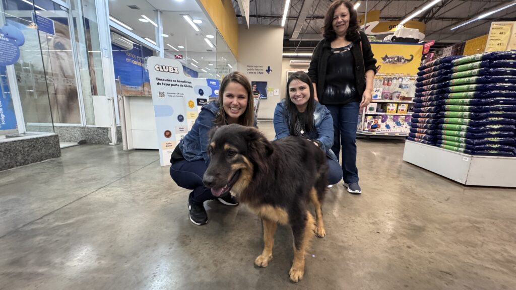 A imagem mostra três mulheres posando alegremente em uma loja de produtos para animais de estimação (pet shop) ao lado de um cachorro de grande porte. * À esquerda, uma mulher agachada veste uma jaqueta jeans e calça escura, sorrindo enquanto acaricia o cão. * Ao centro, outra mulher também agachada, usando uma jaqueta jeans sobre uma camiseta preta, completa a cena com um sorriso. * À direita, uma mulher em pé, vestindo um cardigã preto e calça jeans, observa a cena com um sorriso gentil. * O cachorro, posicionado em destaque no centro, possui uma pelagem longa e bicolor, com tons de preto e castanho, e parece estar calmo. * Ao fundo, é possível ver uma placa informativa sobre o programa de fidelidade "Clubz" da loja, além de prateleiras organizadas com diversos produtos para pets e uma pilha de sacos de ração à direita. O ambiente é amplo, bem iluminado e com piso de concreto polido.