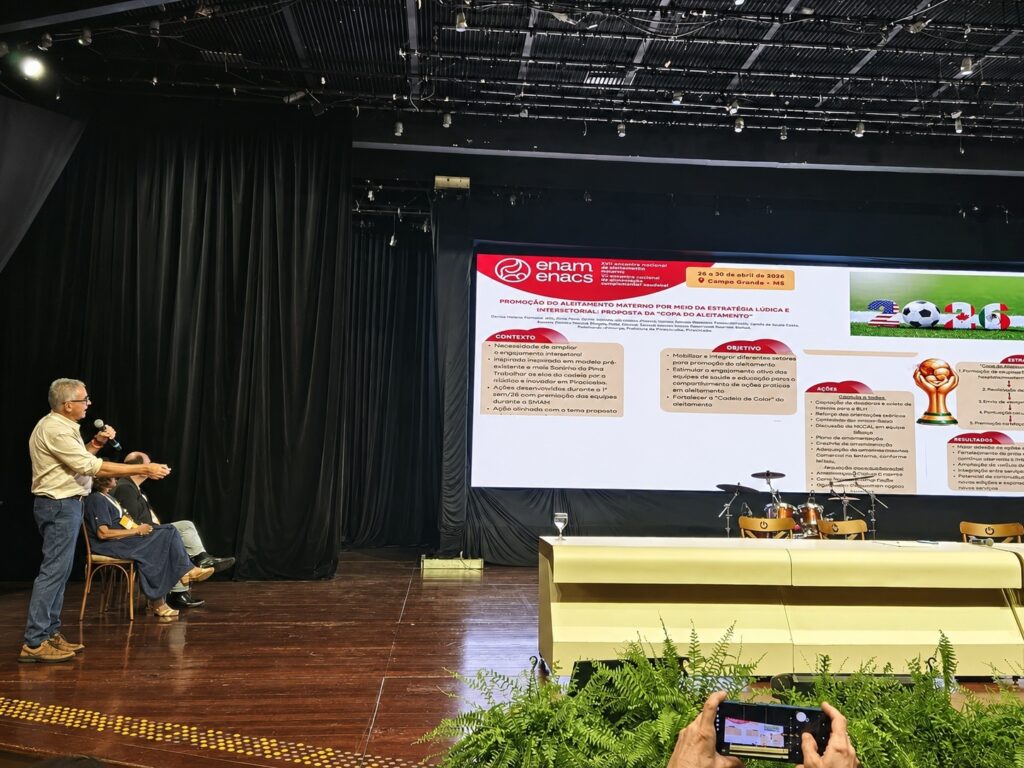 A imagem mostra uma apresentação em um evento, provavelmente uma conferência ou congresso, com o tema "Promoção do Aleitamento Materno por meio da Estratégia Lúdica e Intersetorial: Proposta da 'Copa do Aleitamento'". Um homem está no palco falando ao microfone, enquanto duas pessoas estão sentadas próximas a ele, assistindo. Ao fundo, um telão exibe a apresentação com textos, gráficos e imagens, incluindo bolas de futebol, bandeiras dos Estados Unidos, Canadá e Brasil, e um troféu dourado, remetendo ao tema da "Copa do Aleitamento". O slide está dividido em seções: Contexto, Objetivo, Ações, Estratégia e Resultados. O contexto fala da necessidade de ampliar o engajamento intersetorial inspirado em modelos existentes. O objetivo é mobilizar e integrar diferentes parceiros para promoção do aleitamento materno, estimulando equipes de saúde e educação a compartilhar ações práticas. As ações incluem aceitação de doadoras, reforço de orientações, criação de materiais, adequação da comunicação, pontuação e premiação das equipes. A apresentação parece focar em uma estratégia inovadora para promover o aleitamento materno utilizando uma abordagem lúdica e intersetorial, associada a um evento esportivo para engajar os participantes de forma motivadora. O ambiente é formal, com cortinas escuras ao fundo e luzes de palco iluminando os palestrantes. Na frente, uma pessoa está registrando o momento com um celular.