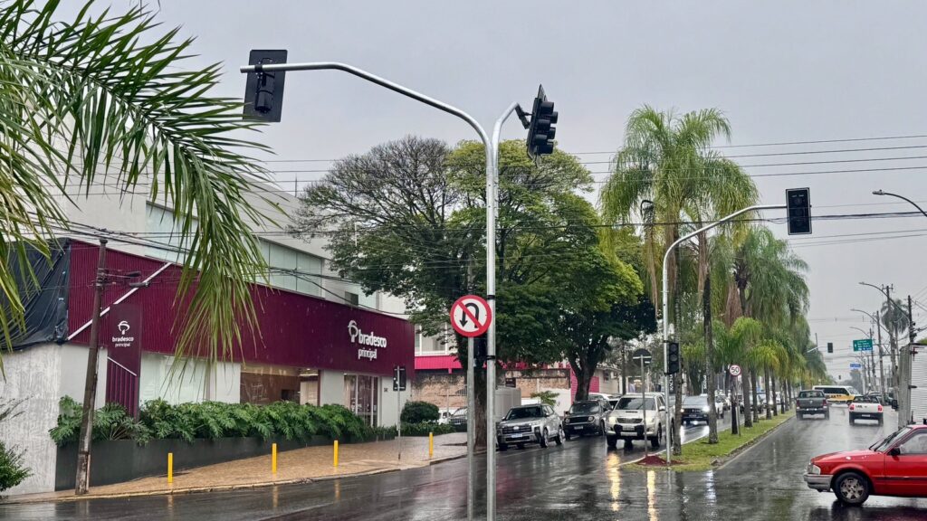 A imagem mostra uma cena urbana em um dia chuvoso e nublado. No lado esquerdo, há uma agência do banco Bradesco com a fachada vermelha característica e o logo branco "bradesco principal". A rua está molhada pela chuva, refletindo a luz ambiente, e vários carros trafegam com os faróis acesos, indicando a baixa luminosidade do dia. No centro da imagem, há um poste de semáforo com uma placa de sinalização indicando proibição de conversão em U. Ao longo da rua, há palmeiras e outras árvores verdes que contrastam com o ambiente urbano. A atmosfera transmite uma sensação de tranquilidade e um pouco de melancolia, típica de um dia chuvoso.