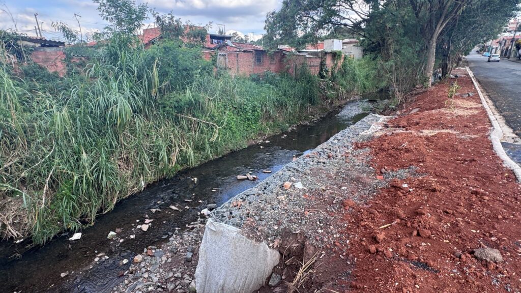 A imagem mostra uma cena à beira de uma estrada asfaltada, com um meio-fio de concreto e uma grade metálica de drenagem instalada no meio-fio. Ao lado da estrada, há uma faixa de terra exposta, com solo avermelhado e algumas pedras soltas. Atrás dessa faixa, há uma parede de gabiões — estruturas feitas de malha de arame preenchidas com pedras — que formam uma espécie de contenção para um pequeno canal ou vala, possivelmente para escoamento de água. No fundo, há uma vegetação densa e verde, com várias plantas e gramíneas altas. Mais ao fundo, é possível ver algumas casas e edifícios de tijolos, típicos de uma área residencial. O céu está claro, com poucas nuvens, indicando um dia ensolarado. A imagem retrata uma obra de infraestrutura urbana, focada no sistema de drenagem e contenção da água na beira da estrada.