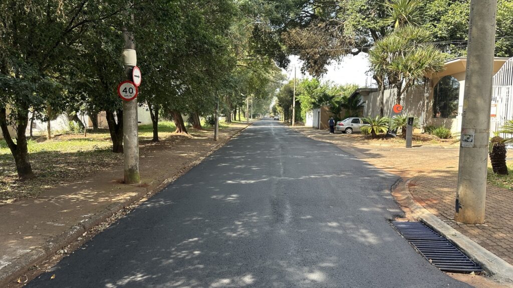 A imagem mostra uma rua residencial tranquila, pavimentada com asfalto escuro e novo, que se estende em linha reta até um ponto de fuga ao fundo. À esquerda, há um poste de concreto com uma placa redonda indicando o limite de velocidade de 40 km/h, além de uma placa menor com uma seta indicando direção. Ao longo da rua, há gramado e árvores grandes que projetam sombras sobre o asfalto, sugerindo um dia ensolarado. À direita, há outro poste de concreto, uma grade de drenagem no meio-fio e uma casa com um carro prata estacionado próximo à entrada. Uma pessoa está parada próxima ao carro. A atmosfera geral da cena é calma e típica de um bairro residencial.