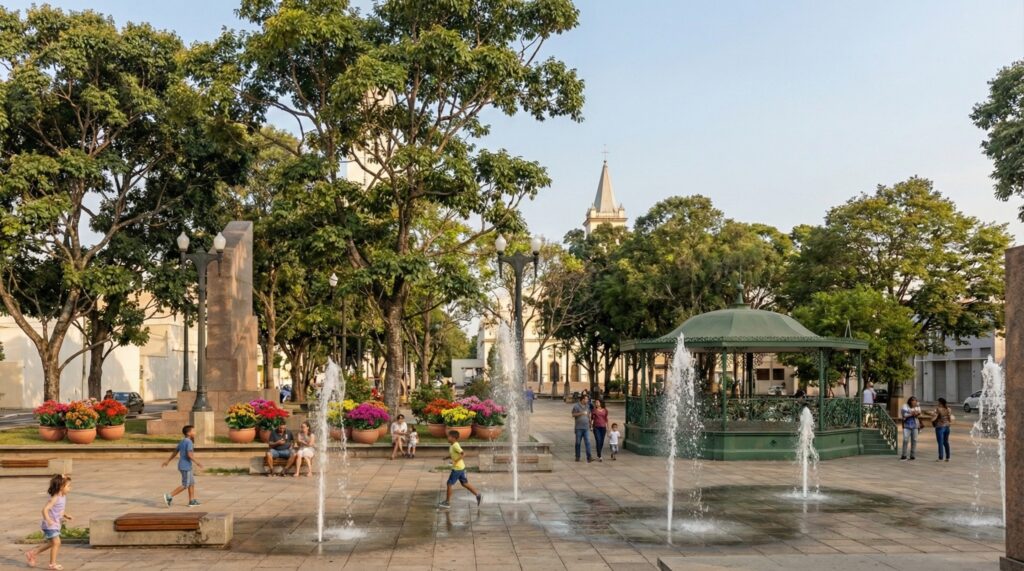 A imagem mostra uma praça pública vibrante e bem cuidada, provavelmente em uma cidade brasileira, devido ao estilo arquitetônico da igreja ao fundo. No centro da praça, há várias fontes de água que jorram do chão, criando um ambiente agradável e refrescante. Ao redor, há árvores verdes, flores coloridas em vasos de barro e um coreto verde decorativo. Algumas pessoas estão na praça: uma menina de camiseta rosa caminhando, um menino de camiseta amarela correndo entre as fontes, além de outras pessoas sentadas e caminhando pelo local. Ao fundo, destaca-se uma igreja com uma torre alta e um relógio, que dá um charme especial ao cenário. A iluminação natural sugere que é fim de tarde ou início da manhã, conferindo um clima tranquilo e acolhedor à praça.