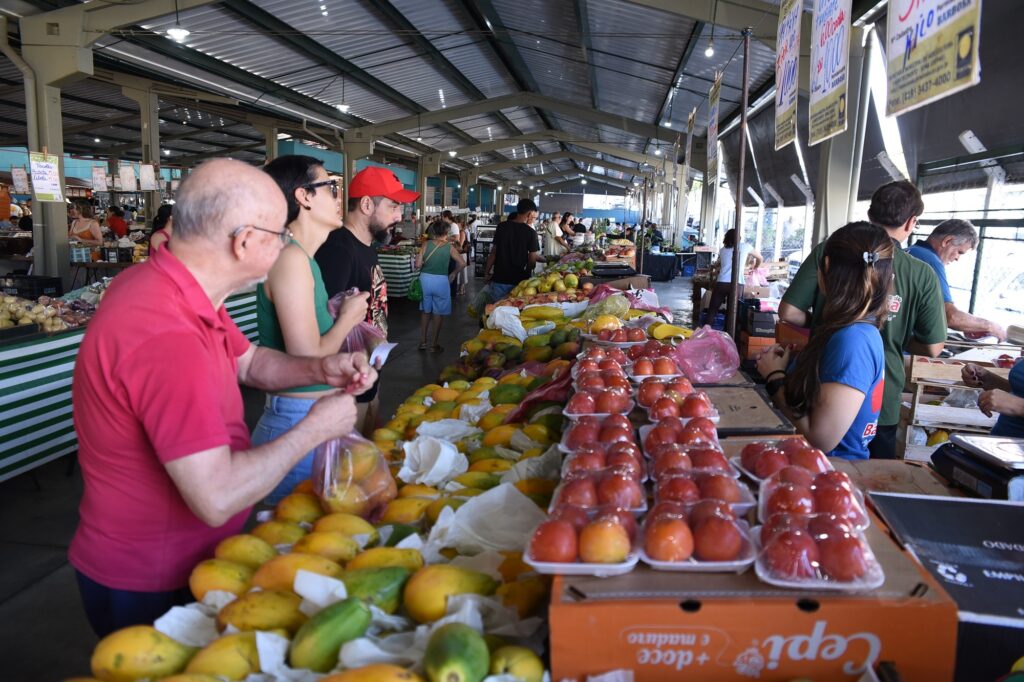Nesta imagem, vemos um mercado municipal ou feira livre bastante movimentado. Em primeiro plano, uma bancada repleta de frutas frescas chama a atenção: há grandes quantidades de mamões e caixas com tomates embalados em bandejas de plástico. Um senhor de camiseta polo vermelha está concentrado, colocando frutas em um saco plástico. Ao lado dele, uma mulher de blusa verde e um homem de boné vermelho também parecem estar escolhendo produtos. Do outro lado da bancada, uma funcionária de camiseta azul está atendendo os clientes, enquanto outro homem, de verde, também ajuda no atendimento. O ambiente é amplo, com um teto alto de metal e várias outras bancas ao fundo, criando um cenário de comércio tradicional e organizado, com placas informativas penduradas no alto.