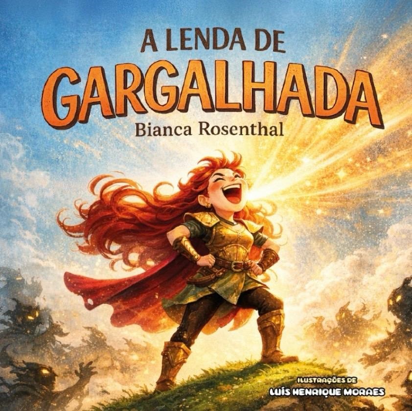 A imagem mostra a capa de um livro intitulado "A Lenda de Gargalhada". No centro, há uma personagem feminina com longos cabelos vermelhos e volumosos, usando uma armadura medieval combinada com uma túnica verde e uma capa vermelha. Ela está em um campo de grama, sorrindo e rindo de forma contagiante, com uma luz mágica saindo de sua boca, iluminando seu rosto e o ambiente ao redor. O fundo é dramático, com um céu em tons dourados e alaranjados, sugerindo um pôr do sol ou uma atmosfera mágica. Nas bordas inferiores da imagem, há figuras sombrias que parecem monstros ou criaturas ameaçadoras, contrastando com a luz e a alegria da personagem principal. O título do livro está no topo, em uma fonte grande e estilizada, e o nome da autora, Bianca Rosenthal, aparece logo abaixo. No canto inferior direito, há o crédito das ilustrações feitas por Luís Henrique Moraes. A capa transmite uma sensação de fantasia, aventura e magia, com um tom vibrante e envolvente.