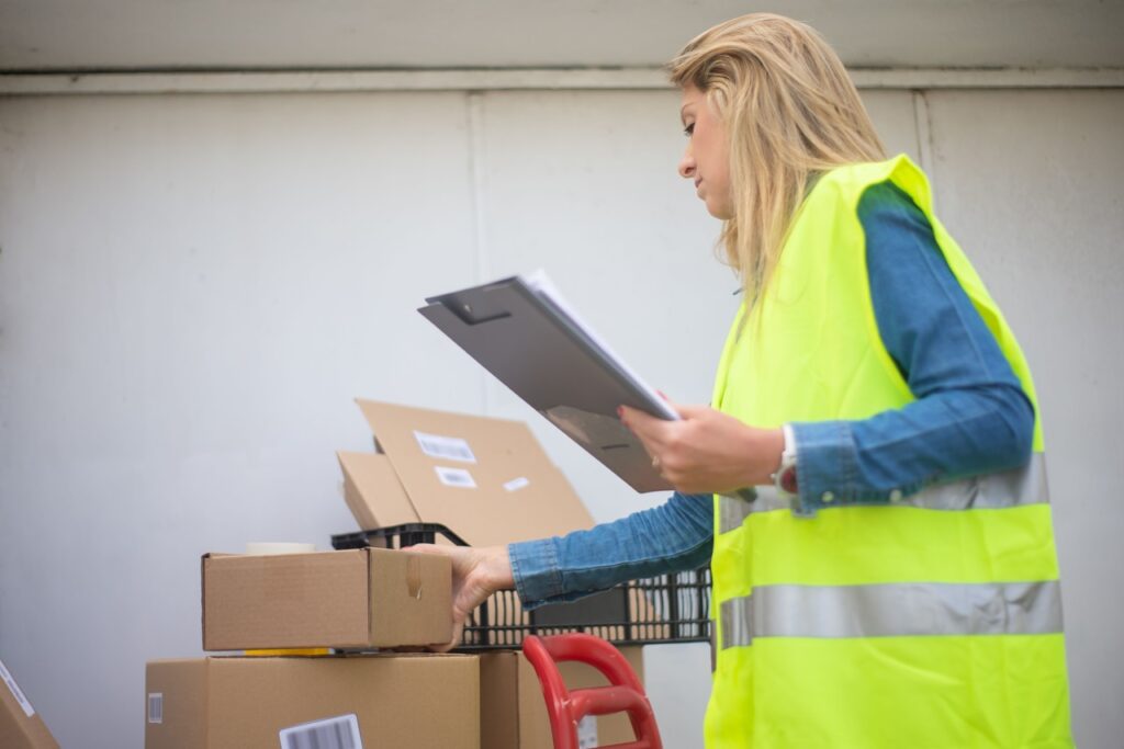 A imagem mostra uma profissional em um ambiente de logística ou armazenamento realizando a conferência de mercadorias. Ela está posicionada ao lado de uma pilha de caixas de papelão, usando um colete de segurança amarelo com faixas refletivas sobre uma camisa jeans de manga longa. Em uma das mãos, segura uma prancheta com documentos, enquanto com a outra toca ou verifica uma das caixas, indicando que está conferindo produtos ou registrando informações.
