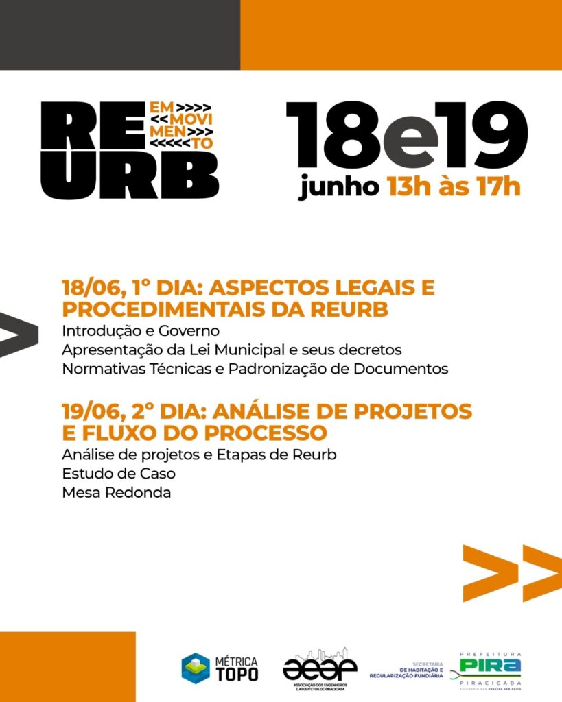 Esta imagem é um cartaz informativo para um evento chamado "REURB EM MOVIMENTO", que trata da Regularização Fundiária Urbana. O evento ocorre nos dias 18 e 19 de junho, das 13h às 17h. O cartaz está dividido em duas partes principais, correspondendo aos dois dias do evento: No dia 18/06, o foco é nos "Aspectos Legais e Procedimentais da REURB", incluindo temas como introdução e governo, apresentação da lei municipal e seus decretos, normativas técnicas e padronização de documentos. No dia 19/06, o tema é "Análise de Projetos e Fluxo do Processo", com atividades como análise de projetos, etapas da REURB, estudo de caso e uma mesa redonda. Na parte inferior do cartaz, estão os logos das entidades organizadoras ou apoiadoras: Métrica Topo, AEAP (Associação dos Engenheiros e Arquitetos de Piracicaba) e a Secretaria de Habitação e Regularização Fundiária da Prefeitura de Piracicaba. O design utiliza cores sóbrias, principalmente branco, preto e laranja, com setas que direcionam a leitura e destacam as informações principais. É um material visualmente limpo, profissional e organizado para facilitar a compreensão do público interessado no tema.