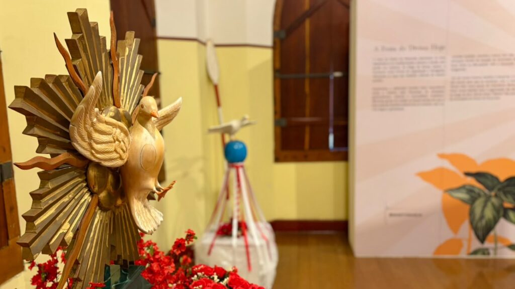 A imagem é um close de símbolos da Festa do Divino Espírito Santo, expostos dentro da mostra em Piracicaba.Detalhes da cena:Primeiro plano: Destaque para uma pomba branca esculpida, símbolo do Divino Espírito Santo. Ela está com as asas abertas e pousada sobre um resplendor dourado em formato de raios de sol, com detalhes em laranja. Abaixo, flores vermelhas decoram a base, dando cor e vida.Fundo desfocado: Dá pra ver outros elementos da festa:Um "império" ou mastro decorado com uma bola azul, fitas brancas e vermelhas, e uma pombinha branca no topo.Um painel explicativo claro com o título "A Festa do Divino Hoje" e ilustração de folhas verdes e laranjas.Paredes amarelas com faixa branca e janelas em arco de madeira, mantendo o clima do espaço histórico.Piso de madeira brilhando.Significado: A pomba representa o Espírito Santo, e o resplendor dourado é muito usado nas coroas e andores da festa. As cores vermelho, branco e dourado são marcas da tradição.A foto passa fé, tradição e beleza artesanal, mostrando como os objetos sagrados da festa são tratados como patrimônio cultural.