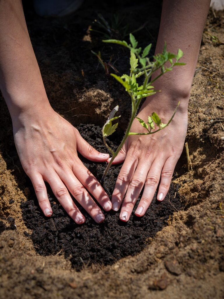 Esta foto mostra um momento delicado e gratificante: o plantio de uma muda, provavelmente um tomateiro, na terra. As mãos: Em destaque, temos um par de mãos posicionadas com cuidado ao redor da muda, pressionando levemente o solo escuro e fértil. A luz do sol incide sobre a pele, criando sombras suaves que dão volume à cena. A muda: No centro, há uma pequena planta com caule fino e folhas verdes vibrantes, recém-colocada na terra. Ela parece jovem e frágil, mas cheia de vida. O solo: A muda está plantada em um pequeno círculo de terra preta e úmida, que contrasta com a terra mais clara e arenosa ao redor. A imagem transmite uma sensação de conexão com a natureza, cuidado e paciência. É um registro muito bonito sobre cultivar a vida.