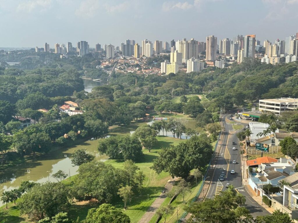 Panorama urbano visto de cima em dia claro, com grande área verde e lago em primeiro plano e skyline de prédios ao fundo. Primeiro plano: amplo parque com muitas árvores, gramados bem distribuídos, caminhos pavimentados e um lago alongado com bordas irregulares; há pequenas ilhas de vegetação no espelho d’água. Detalhes no parque: palmeiras próximas ao lago, algumas árvores de copa larga projetando sombras, e estruturas sutis como quadra ou postes de iluminação à beira da água; nota-se também uma sequência de pedalinhos coloridos atracados em uma parte do lago. Meia-distância: rua de mão dupla contornando o parque à direita, com faixa amarela de adentramento, alguns carros circulando, posto de combustíveis e um edifício-garagem visível na margem da via. Plano de fundo: conjunto denso de residências e prédios altos formando um horizonte urbano — várias torres residenciais e comerciais de alturas variadas, além de um bolsão de casas entremeadas por vegetação. Céu e luz: céu claro com poucas nuvens, iluminação forte que cria sombras bem definidas — sensação de tarde ensolarada e quente. Atmosfera geral: contraste agradável entre área verde preservada e tecido urbano denso; imagem transmite tranquilidade do parque integrada à vida da cidade.
