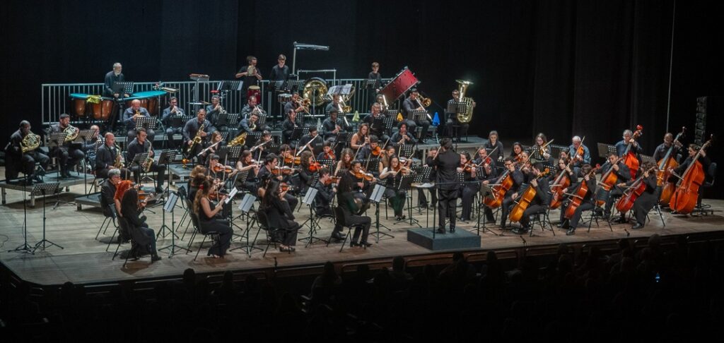 A imagem mostra uma grande orquestra sinfônica apresentando-se em um palco de teatro. O maestro, de costas para a plateia, rege os músicos, que estão organizados em seções: cordas (violinos, violas, violoncelos e contrabaixos) na parte da frente e lateral, e sopros e percussão dispostos ao fundo em risers (plataformas elevadas). O palco tem piso de madeira e o ambiente é iluminado por luzes de palco que destacam os músicos e suas estantes de partitura, enquanto o fundo e as laterais são escuros. Na parte inferior, é possível ver a silhueta da plateia assistindo à apresentação.