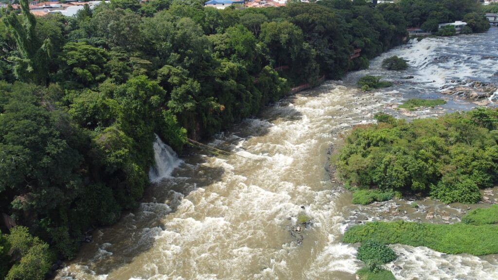 Esta imagem é uma vista aérea impressionante de um rio caudaloso passando por uma área arborizada. Aqui estão os detalhes da cena: O Rio: O curso d'água ocupa o centro da imagem, com uma coloração marrom, característica de águas ricas em sedimentos ou correnteza forte. Há muitas corredeiras e espuma branca, indicando que a água está agitada e passando por rochas ou desníveis. Margens e Vegetação: As margens do rio são densamente cobertas por árvores e vegetação verdejante. À esquerda, há uma pequena cachoeira que deságua lateralmente no rio principal. Fundo: No canto superior direito, o rio segue em direção a uma queda d'água mais larga e espumosa. Ao fundo, pode-se ver o início de uma área urbana, com telhados de casas e construções entre a vegetação, sugerindo que este rio passa próximo a uma cidade. Atmosfera: A luz é clara, de um dia ensolarado, evidenciando a força da natureza e o contraste entre a água barrenta e o verde intenso da mata ao redor.