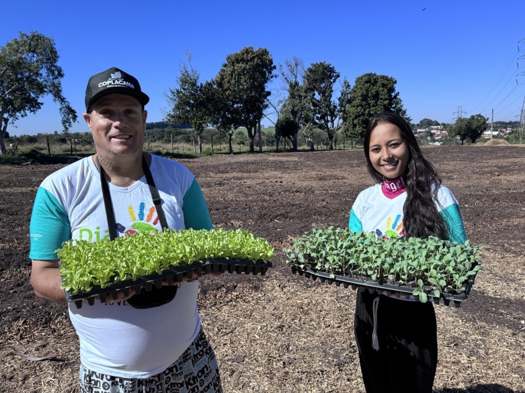 Nesta foto, um homem e uma mulher aparecem sorridentes em um campo aberto, cada um segurando uma bandeja cheia de mudas de plantas. As Pessoas: O homem, à esquerda, usa um boné preto da "Coplacana", uma camiseta branca com mangas verde-água e bermuda estampada. A mulher, à direita, usa a mesma camiseta e calças pretas. A Ação: Eles exibem com orgulho as mudas — o homem segura uma bandeja de plantas de folhas mais claras (parecem alface), e a mulher segura uma bandeja de plantas com folhas um pouco mais escuras e arredondadas (parecem couve ou repolho). O Cenário: Estão em uma área rural ou terreno preparado para plantio, com solo exposto e coberto por palha/restos vegetais. O céu está limpo e azul, indicando um dia ensolarado. Ao fundo, vê-se uma linha de árvores e o que parece ser uma paisagem urbana à distância.