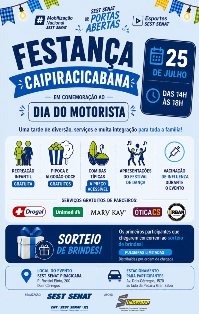 Esta imagem é um cartaz de divulgação para o evento "Festança Caipiracicabana", promovido pelo SEST SENAT em comemoração ao Dia do Motorista. Aqui estão os detalhes principais do cartaz: Data e Hora: 25 de julho, das 14h às 18h. Atrações do evento: Recreação infantil gratuita. Pipoca e algodão-doce gratuitos. Comidas típicas a preço acessível. Apresentações do Festival de Dança. Vacinação de influenza durante o evento. Serviços de parceiros: Contará com a presença de marcas como Drogal, Unimed, Mary Kay, Ótica CS e Urban. Sorteio: Haverá sorteio de brindes para os primeiros participantes que chegarem (pulseiras limitadas). Locais: Evento: SEST SENAT Piracicaba (R. Rossini Pinto, 200, Dois Córregos). Estacionamento: Av. Dois Córregos, 1570 (ao lado da Padaria Gran Sabor). Realização e Apoio: O evento é realizado pelo SEST SENAT e conta com o apoio do SINDETRAP.