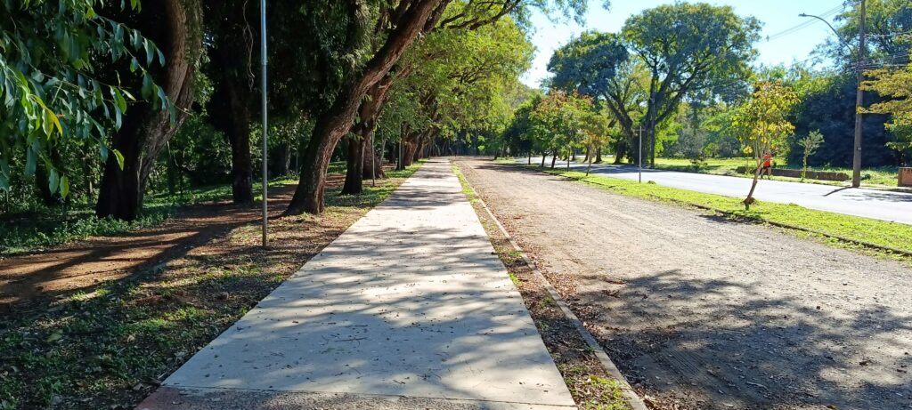Uma bela imagem de um caminho arborizado em um dia ensolarado, transmitindo paz e tranquilidade. O Caminho: Em primeiro plano, vemos uma calçada de concreto nova e clara que se estende para o horizonte, criando uma linha de fuga central. A Vegetação: À esquerda, há uma fileira de árvores grandes e maduras, com troncos grossos e copas densas que criam uma sombra agradável sobre a calçada. O chão sob essas árvores é de terra e grama. O Ambiente: À direita da calçada, há uma área de terra batida que separa o caminho de uma rua pavimentada. A vegetação continua do outro lado da rua, reforçando a sensação de um parque ou uma área muito arborizada da cidade. Detalhes: A iluminação é muito bonita, com o sol filtrado pelas árvores criando jogos de luz e sombra no chão. Lá ao fundo, à direita, é possível ver uma pessoa caminhando, o que dá uma escala ao lugar. Parece ser um excelente local para uma caminhada ou um passeio relaxante em um dia de sol!