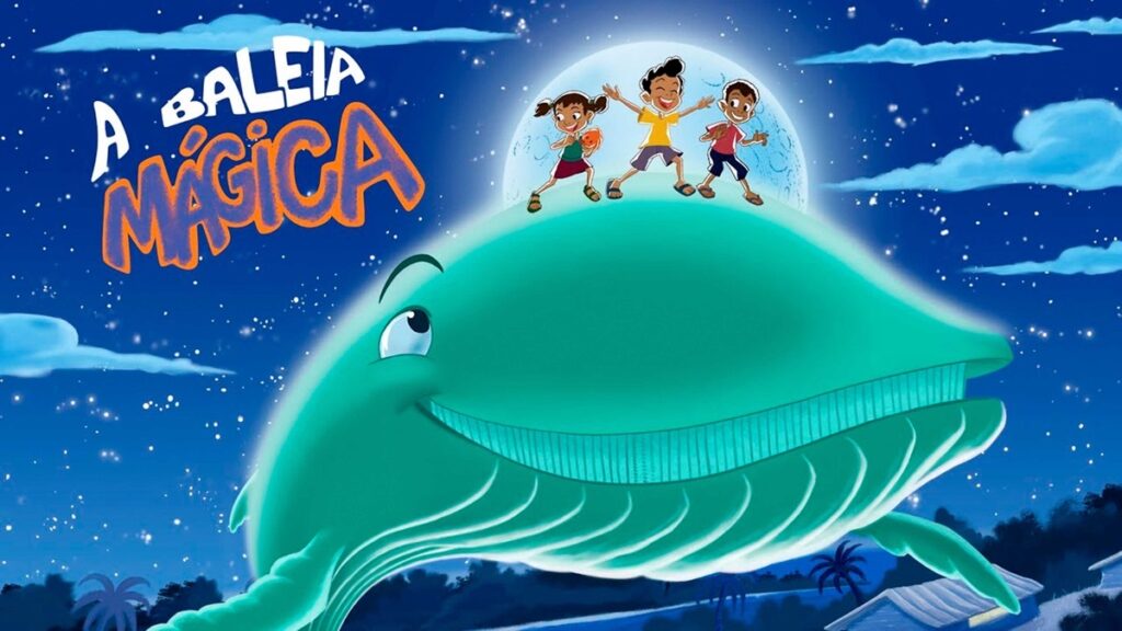 Ilustração colorida e estilizada em tom infantil/infantil‑juvenil, com uma grande baleia verde‑azulada ocupando a maior parte do quadro. O título em letras grandes no canto superior esquerdo diz “A BALEIA MÁGICA”. Personagens e ação Três crianças estão em pé sobre o dorso da baleia, em pose alegre: uma menina à esquerda segura uma concha ou bola laranja, no centro um menino com os braços abertos sorri amplamente, e outro menino à direita também sorri com postura animada. Todas parecem felizes e em movimento, sugerindo aventura e amizade. Baleia e expressão A baleia tem traços simpáticos e antropomorfizados: olho grande e expressivo voltado para cima, sorriso largo e tranquilo, linhas suaves que desenham as pregas da garganta (ventre) e um contorno levemente brilhante que a destaca do fundo. O formato é arredondado, acolhedor e transmite impressão de força gentil.