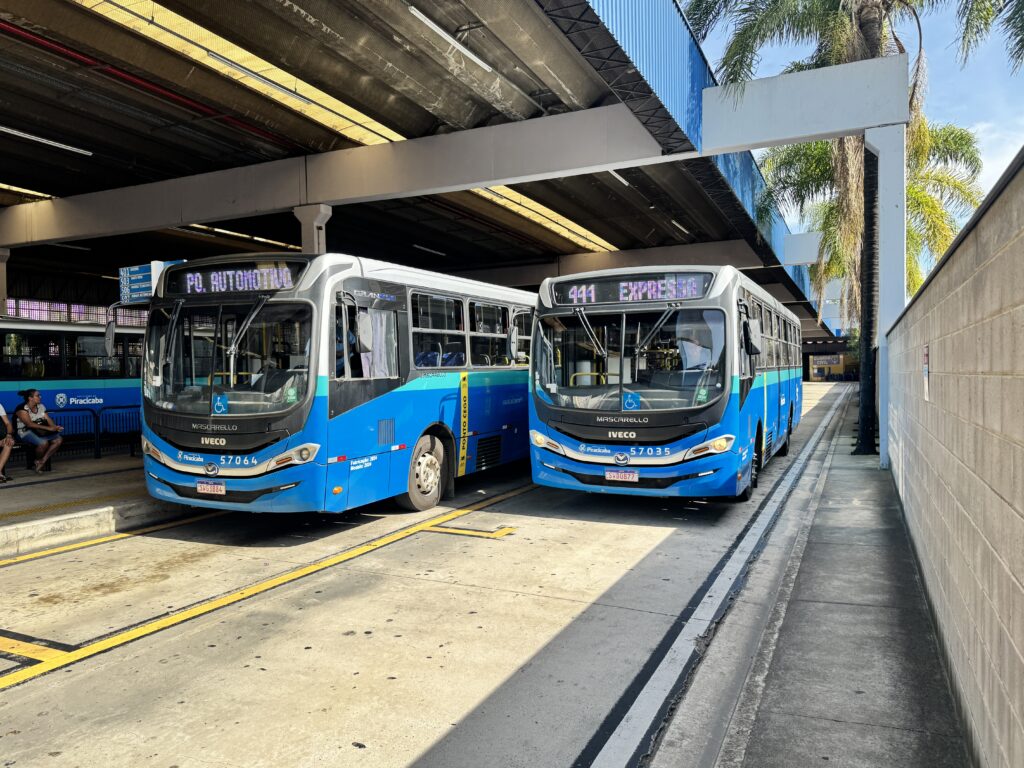 Terminal de ônibus coberto com dois ônibus urbanos azuis estacionados lado a lado em baias. Veículos: dois ônibus da marca Mascarello/Iveco, com pintura azul e faixa clara; painéis eletrônicos na frente indicando destinos (um mostra "411 EXPRESSA"). Estrutura: cobertura metálica com vigas e iluminação; faixa amarela no piso delimitando as baias; muro de concreto e calçada à direita. Acessibilidade e sinalização: adesivos de cadeira de rodas nas entradas, marcações no piso e placa/sinalização de linhas ao fundo. Pessoas: algumas pessoas aguardando sentadas em bancos à esquerda; motorista ou outro funcionário visível dentro de um dos ônibus. Vegetação e ambiente: palmeiras altas aparecem ao fundo à direita, céu claro; iluminação natural forte com sombras definidas. Atmosfera: ambiente de transporte urbano em operação, organizado e com fluxo de embarque/desembarque.