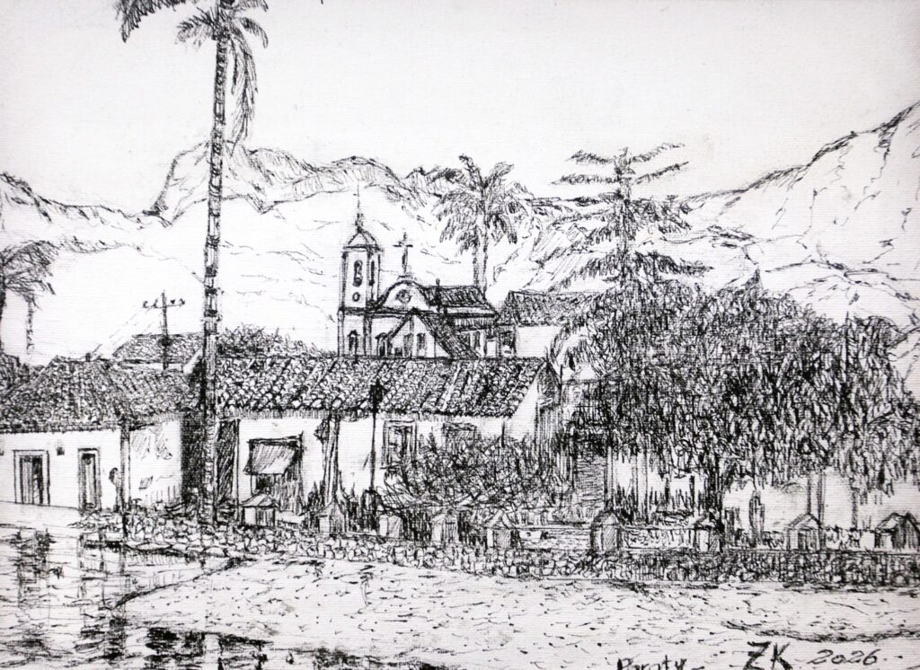 A imagem é um desenho em nanquim/pena e tinta, em preto e branco, retratando uma paisagem típica de cidade histórica colonial brasileira.Detalhes da cena:Arquitetura: Em primeiro plano, casas baixas com telhados de telha colonial e paredes caiadas. Ao fundo, se destaca uma igreja com torre, sineira e cruz no topo - arquitetura barroca/minera bem característica. Natureza: Palmeira alta à esquerda, outras árvores e coqueiros espalhados. Atrás da cidade aparecem montanhas, dando profundidade e enquadrando o vilarejo.Elementos urbanos: Muro de pedras na frente das casas, postes de luz, calçamento e um pouco de vegetação entre as construções. À esquerda dá pra ver reflexo na água, como se fosse à beira-mar ou de um rio.Técnica: Traço fino e detalhado, com hachuras que criam textura e volume. O desenho passa sensação de leveza e registro de viagem.Assinatura: No canto inferior direito está escrito "Paraty - ZK 2026". O desenho retrata Paraty, no Rio de Janeiro. A combinação de casario colonial, igreja, palmeiras e montanhas ao fundo é marca registrada do centro histórico da cidade.