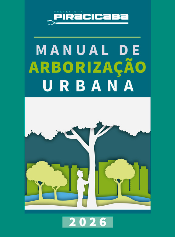 O conteúdo da imagem é a capa de um manual sobre arborização urbana promovido pela Prefeitura de Piracicaba. No lado esquerdo da imagem, em um fundo verde-azulado escuro, encontra-se o logotipo da Prefeitura de Piracicaba no topo. Abaixo, em letras grandes e brancas, está escrito "MANUAL DE" e, em letras verdes vibrantes, "ARBORIZAÇÃO". Abaixo disso, em letras brancas grandes, lê-se "URBANA". Uma linha amarela fina separa "MANUAL DE" e "ARBORIZAÇÃO". Na parte inferior desta seção, há uma faixa branca com o contorno estilizado de uma árvore grande e suas raízes e galhos. Abaixo desta árvore, em camadas, há uma paisagem com árvores menores em tons de verde claro, uma área azul representando água e colinas em tons de azul e verde, e no fundo, silhuetas de edifícios verdes. Uma figura silhueta de uma pessoa, de branco, está abraçada ao tronco da árvore principal. Na parte inferior da imagem, em um retângulo branco com borda verde, está o número "2026" em letras brancas, indicando o ano de publicação ou validade do manual. A atmosfera geral da imagem é de tranquilidade, esperança e comprometimento com o meio ambiente e o planejamento urbano sustentável. O estilo de arte em camadas, semelhante a papel recortado, confere um toque artístico e moderno à capa. Copiar