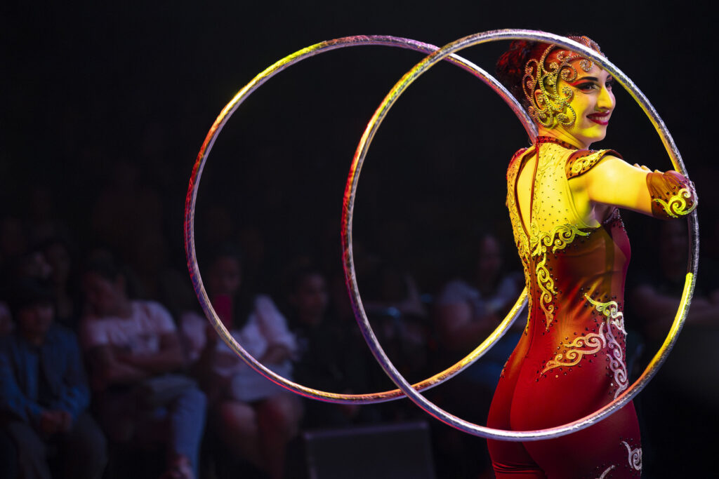 A imagem mostra uma artista circense realizando um número com dois grandes bambolês metálicos. Ela usa um figurino justo e elegante em tons de vermelho e dourado, com detalhes ornamentais e brilhantes que refletem a luz do palco. Seu sorriso e postura confiante destacam a graça e o controle da performance. Ao fundo, o público observa atentamente, em um ambiente escuro que realça o foco sobre a artista iluminada.