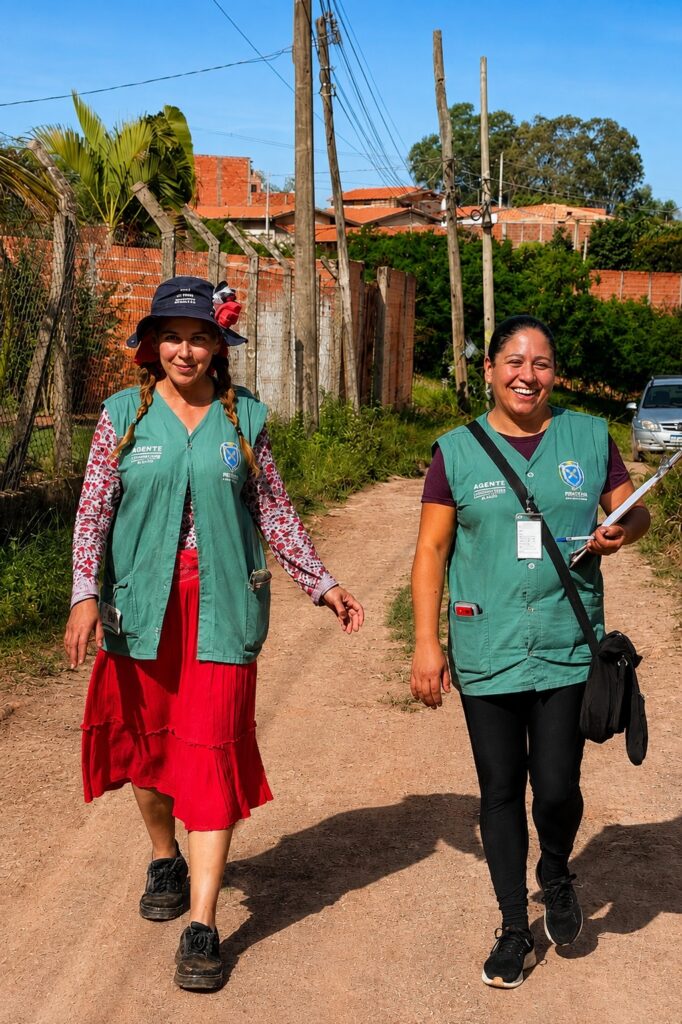 A imagem mostra duas agentes de saúde caminhando por uma rua de terra em um bairro residencial. Elas usam coletes verdes com identificação profissional e emblemas, além de portarem crachás e materiais de trabalho. A agente à esquerda usa chapéu, tranças, blusa estampada e saia vermelha. A agente à direita veste camiseta escura, calça preta e carrega uma prancheta e uma bolsa. Ao redor, há casas de tijolos e telhados de cerâmica, cercas simples, postes de madeira com fios elétricos, vegetação e um carro estacionado. O dia está ensolarado, com céu azul.