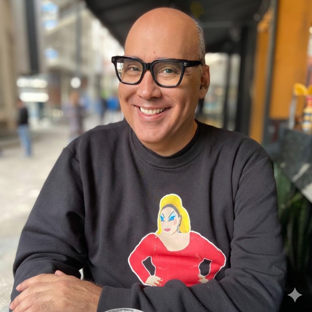 A foto mostra um homem sorridente em um ambiente que parece ser uma área externa, como uma mesa de restaurante ou café, com o fundo levemente desfocado. Ele é careca, usa óculos de armação preta grossa e está vestindo um moletom preto. O destaque da roupa é uma estampa central no peito que traz uma ilustração estilo caricatura de uma drag queen (que lembra bastante a icônica Divine), com cabelos loiros e um vestido vermelho chamativo. Ele aparece sentado, com os braços cruzados sobre a mesa, em uma postura descontraída e amigável.