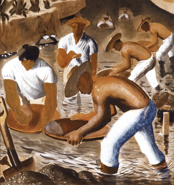 A obra de arte retrata um grupo de garimpeiros trabalhando em um rio. A cena: Vários homens estão dentro da água, curvados, utilizando bateias (bacias circulares) para peneirar o sedimento do rio em busca de minérios. Os personagens: Em primeiro plano, um homem de costas, sem camisa e de calças brancas, está concentrado em sua bateia. À esquerda, outro homem com uma camisa branca cuida de sua própria tarefa com a bateia. Ao fundo, outros trabalhadores completam a cena, também vestidos com calças claras e chapéus de aba larga, típicos do vestuário de trabalho rural da época. O estilo: É uma pintura com traços expressivos e tons terrosos, destacando a textura da água e o esforço físico dos trabalhadores. A técnica parece ser guache ou aquarela sobre papel, com um forte contraste entre a luz que incide nos corpos e as áreas de sombra no rio, capturando um momento de labor braçal clássico.