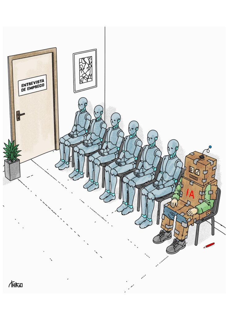 A imagem mostra uma sala de espera para uma entrevista de emprego. Há seis pessoas sentadas em fila, aparentemente aguardando sua vez. A última pessoa é um robô ou uma inteligência artificial, feito de caixas de papelão, com as letras “IA” no corpo. À esquerda, há uma porta com a placa “ENTREVISTA DE EMPREGO”, uma planta e um quadro na parede. No chão, perto do robô, aparece uma caneta vermelha. A ilustração parece fazer uma crítica bem-humorada ao uso crescente da inteligência artificial no mercado de trabalho.