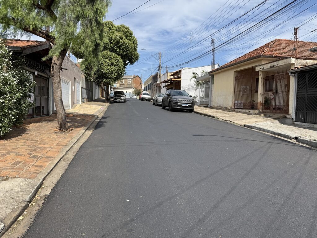 Hoje descreva em um paragrafo A rua retratada mostra um típico bairro urbano, com casas de telhados de cerâmica e portões metálicos alinhadas ao longo de um pavimento recém-asfaltado. Do lado direito, alguns carros estão estacionados, enquanto à esquerda há uma calçada de tijolos avermelhados sombreada por árvores. A cena é marcada pela presença de postes e fios elétricos que cruzam o céu parcialmente nublado, criando um contraste entre a infraestrutura moderna e o ambiente residencial tranquilo.