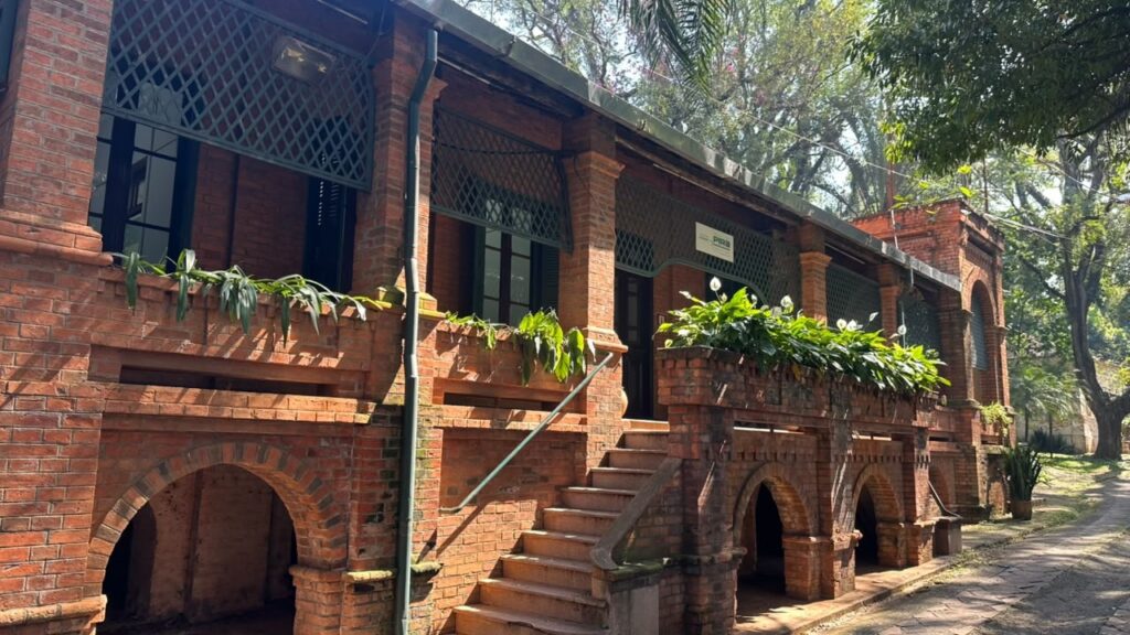Esta imagem mostra um edifício histórico construído inteiramente em tijolos à vista de tom avermelhado, com um estilo arquitetônico colonial e rústico. A construção principal fica em um andar superior, sustentada por uma base com vários arcos abatidos (em formato de abóbada) no nível do chão.

Há uma escada de tijolos com corrimão simples dá acesso à varanda do andar superior.

A varanda possui pilares de tijolo e uma grade superior com padrão entrecruzado (treliça).

Há plantas verdes bem cuidadas distribuídas ao longo da mureta e da varanda (como copo-de-leite e folhagens tropicais).

Ao redor e ao fundo da construção, há grandes árvores que projetam sombras agradáveis sobre a estrutura e o caminho.

Na fachada, ao lado da porta principal na varanda, há uma placa com o logotipo oficial da Prefeitura de Piracicaba ("PIRA").