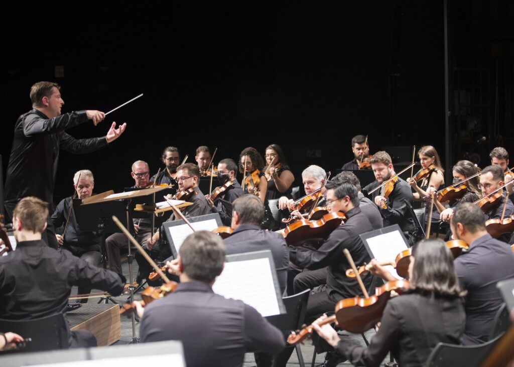 A cena retrata uma orquestra em plena apresentação, com músicos de cordas — violinos, violas e violoncelos — alinhados em seus lugares, todos vestidos de preto e concentrados nas partituras diante de si. À frente, o maestro conduz com firmeza e elegância, usando a batuta para guiar cada entrada e dinâmica, criando uma atmosfera de precisão e harmonia. O fundo escuro do palco destaca ainda mais os artistas e seus instrumentos, transmitindo a intensidade e a beleza de um espetáculo clássico que depende da união e da disciplina coletiva para alcançar sua força expressiva.
