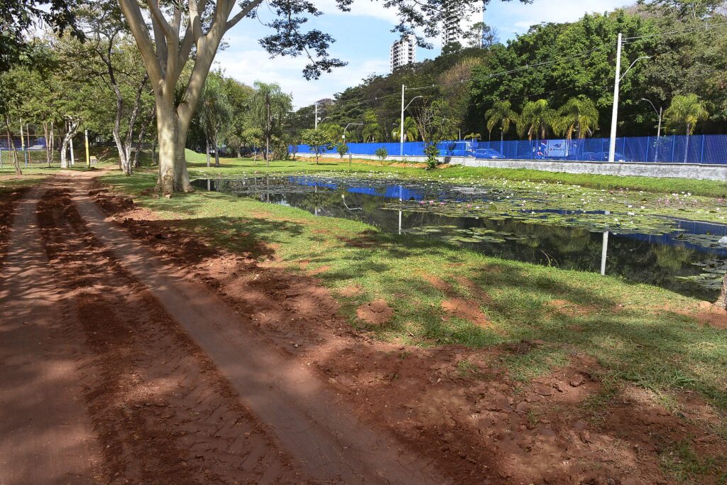 A imagem mostra uma área externa de lazer, possivelmente um parque: Caminho: Em primeiro plano, há uma trilha de terra batida (barro avermelhado), com marcas de pneus, que serpenteia pelo local. Lago: Ao lado da trilha, estende-se um espelho d'água repleto de vitórias-régias ou plantas aquáticas com flores brancas e rosadas, que refletem as árvores e o céu. Vegetação: O gramado ao redor está verde e bem cuidado, com várias árvores frondosas espalhadas pelo terreno. Fundo: Ao fundo, há uma cerca azul longa que isola a área. É possível ver algumas palmeiras, árvores mais densas e, lá longe, a silhueta de prédios altos sob um céu parcialmente nublado. O ambiente transmite uma sensação de tranquilidade, misturando natureza com áreas urbanas ao redor.