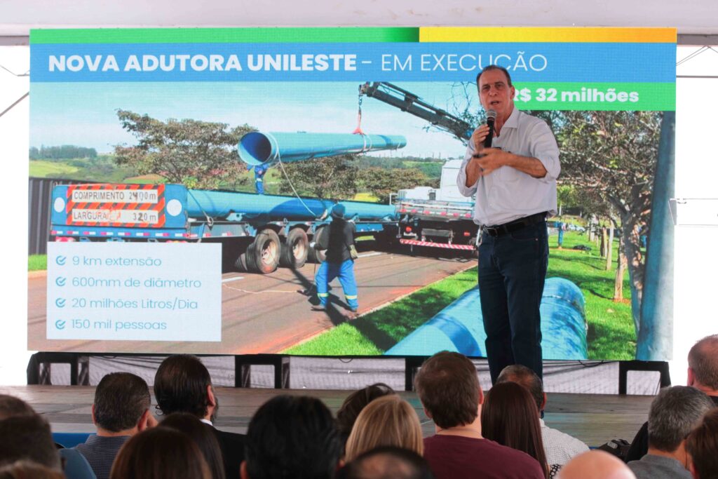 A imagem mostra um homem de cabelos grisalhos falando ao microfone durante um evento público. Ele usa uma camisa branca e está diante de um grande painel colorido com informações sobre obras e melhorias urbanas. No painel, é possível identificar textos como “Mobilidade Urbana”, “Recapeamento”, “Construção de galerias”, “Drenagem” e “Pavimentação”, além de imagens de ruas e obras. Em primeiro plano, aparecem as cabeças de várias pessoas da plateia, que acompanham a apresentação.