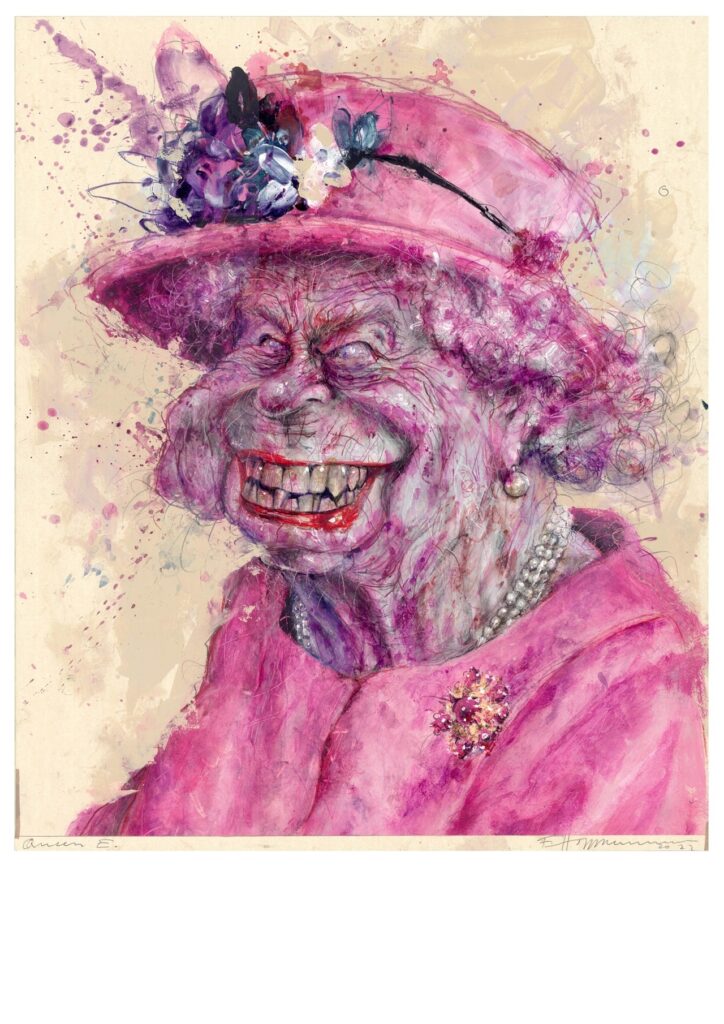 A imagem mostra um retrato artístico, em estilo de caricatura, de uma mulher idosa sorrindo. Ela usa um grande chapéu rosa decorado com flores e penas, brincos, colares de pérolas e uma roupa rosa vibrante com um broche floral. Seu rosto tem traços exagerados, rugas marcantes e um sorriso largo com dentes visíveis. A pintura combina tons de rosa, roxo, magenta, branco e bege, com pinceladas soltas, respingos de tinta e linhas esboçadas ao fundo.