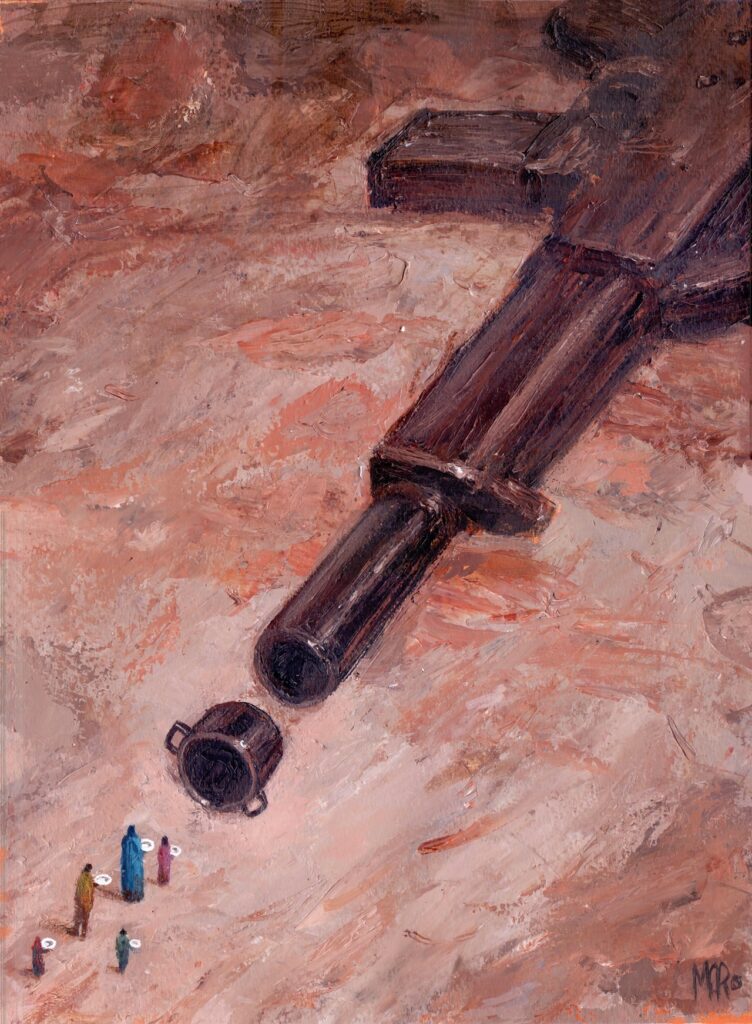 A imagem é uma pintura em estilo impressionista, com pinceladas espessas e textura evidente. Ela mostra um grande instrumento musical de sopro, escuro e alongado, atravessado diagonalmente pela composição, acompanhado por uma pequena peça circular na parte inferior. O fundo é dominado por tons terrosos, rosados, alaranjados e marrons. No canto inferior esquerdo, aparecem pequenas figuras coloridas, algumas segurando objetos brancos, criando contraste com o instrumento. A obra transmite uma sensação abstrata e dramática, como se retratasse o instrumento visto de cima sobre uma superfície desgastada.
