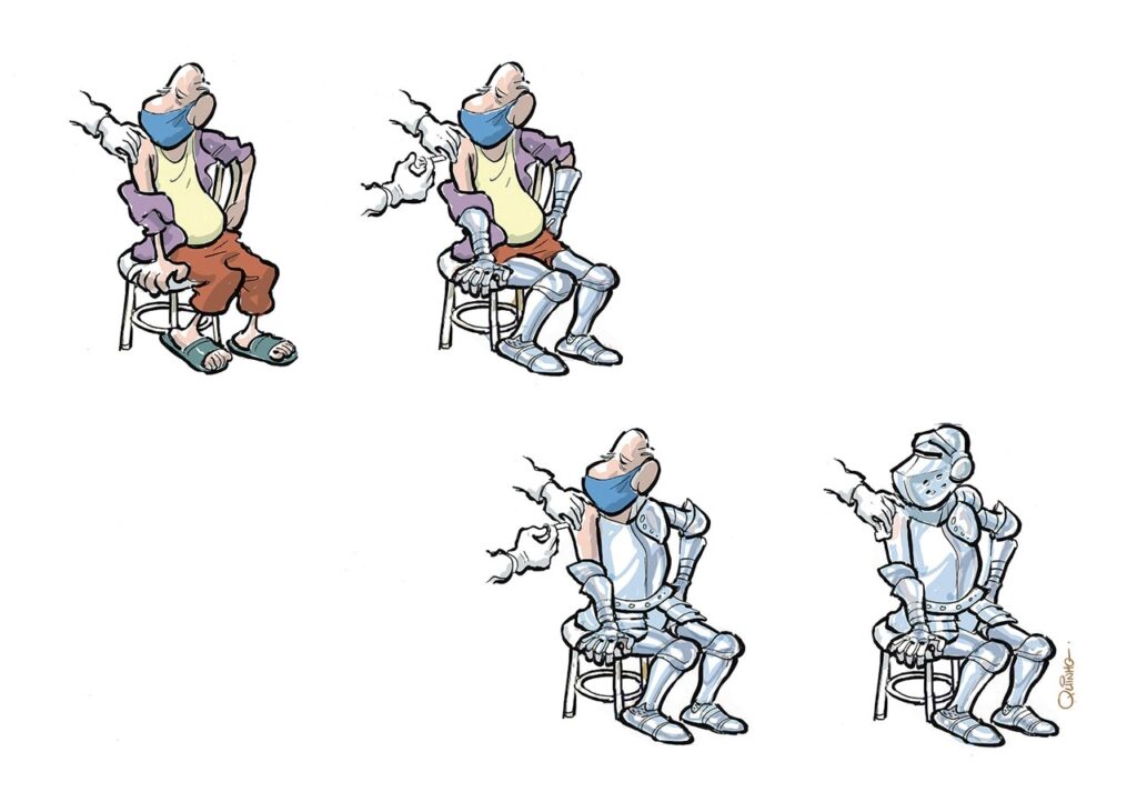 A imagem mostra uma sequência de quatro desenhos de uma pessoa sentada em uma cadeira, transformando-se gradualmente em um robô. No primeiro quadro, aparece uma pessoa com roupas comuns: blusa roxa, camiseta amarela, calça laranja e sandálias. No segundo, partes do corpo começam a ser substituídas por peças metálicas, como braços e pernas robóticos. No terceiro, quase todo o corpo já está coberto por uma armadura mecânica, embora o rosto ainda seja humano. No último quadro, a transformação está completa: surge um robô sentado, com cabeça metálica, visor e fones ou protetores laterais. A sequência sugere uma transformação progressiva de humano em máquina.