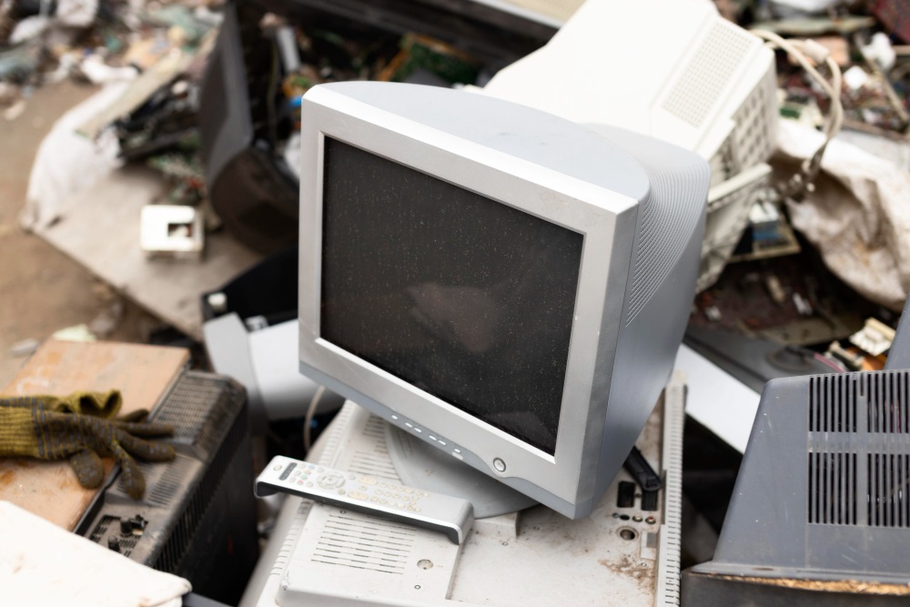 A imagem mostra um monitor de computador antigo, de tubo, com a tela desligada e empoeirada. Ele está empilhado sobre outros aparelhos eletrônicos descartados, cercado por cabos, peças, controles remotos e componentes diversos. A cena parece retratar lixo eletrônico acumulado para descarte ou reciclagem.