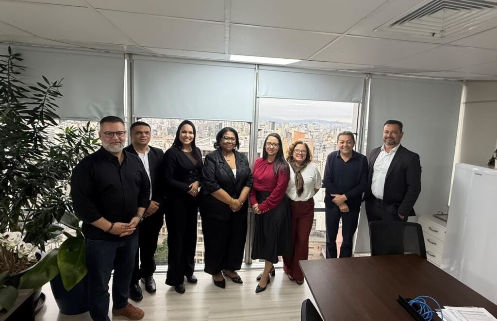 A imagem mostra um grupo de oito pessoas posando para uma foto em um escritório moderno, com grandes janelas que oferecem uma vista panorâmica de uma paisagem urbana densa ao fundo. O grupo está alinhado em frente à janela. Eles estão vestidos de forma profissional ou casual-chique, com predominância de tons sóbrios como preto, branco e vinho. Há uma planta grande no canto esquerdo da sala e uma mesa de reuniões à direita. Todos parecem estar em um ambiente de trabalho, sorrindo e posando para o registro.