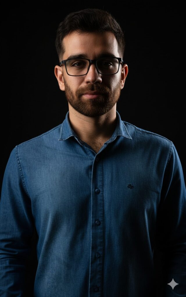 Um retrato fotográfico profissional em estúdio de um jovem com barba e óculos, posicionado centralmente contra um fundo preto profundo, que irradia uma presença calma, séria e serena. A composição é um retrato clássico de plano médio, com o sujeito centralizado perfeitamente no enquadramento. A imagem é estática e focada exclusivamente no indivíduo, eliminando distrações para destacar sua expressão facial e postura direta. O posicionamento é equilibrado, criando uma conexão visual imediata entre o homem e o espectador. O homem, que parece estar na casa dos vinte ou trinta anos, apresenta traços definidos, com cabelos escuros curtos e uma barba bem aparada. Ele utiliza óculos de armação escura que emolduram seus olhos atentos. Sua expressão é de serenidade, com um leve toque de seriedade. Ele veste uma camisa de botão em tecido jeans, de tom azul médio, com um ajuste casual porém elegante, que se destaca suavemente contra o fundo escuro. Trata-se de uma fotografia de estúdio com execução técnica de alta qualidade, focada em iluminação direcional. O estilo é minimalista e focado no retrato, priorizando a nitidez dos detalhes no rosto do sujeito. A escolha de cores é sóbria, utilizando o contraste entre o azul da vestimenta e o preto profundo do ambiente para criar um impacto visual sofisticado e atemporal. O cenário é um fundo neutro e escuro, garantindo que o sujeito seja o ponto focal exclusivo. A iluminação é o elemento crucial aqui; uma fonte de luz lateral (estilo Rembrandt ou luz de contorno) destaca sutilmente os ângulos de seu rosto e a textura de seu cabelo, criando um efeito de profundidade. A luz suave no lado direito do seu rosto contrasta com a sombra suave no lado esquerdo, proporcionando uma atmosfera profissional, elegante e introspectiva.