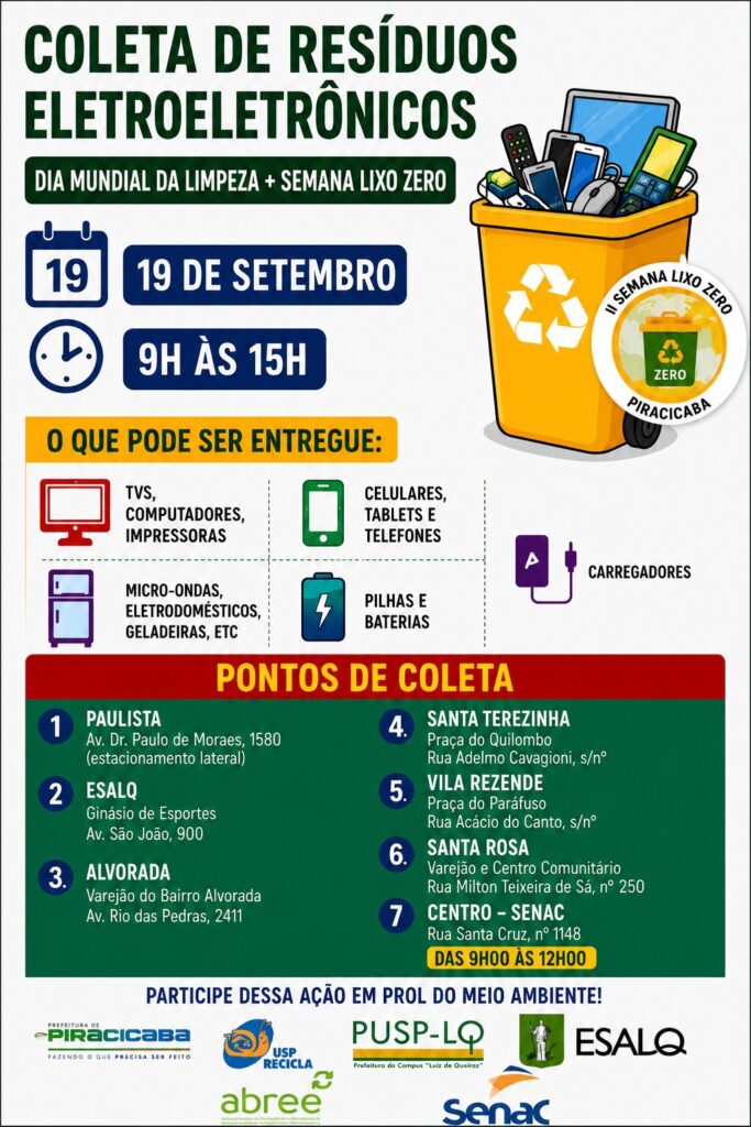 A imagem mostra um cartaz informativo sobre a coleta de resíduos eletroeletrônicos