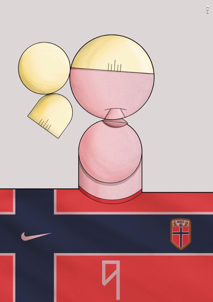 Uma caricatura estilizada formada por formas geométricas simples, com cores claras e fundo inspirado na bandeira da Noruega, acompanhada de elementos gráficos esportivos.