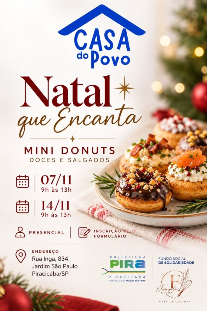 Cartaz de divulgação de um curso gratuito de mini donuts com temática natalina, apresentando datas, horário, local das inscrições e imagens de donuts doces e salgados decorados.