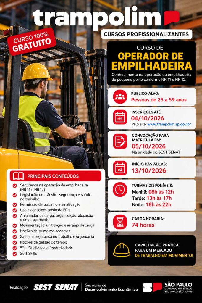 cartaz informativo sobre um curso gratuito de operador de empilhadeira, com detalhes sobre conteúdo programático, carga horária, público-alvo e datas de inscrição.