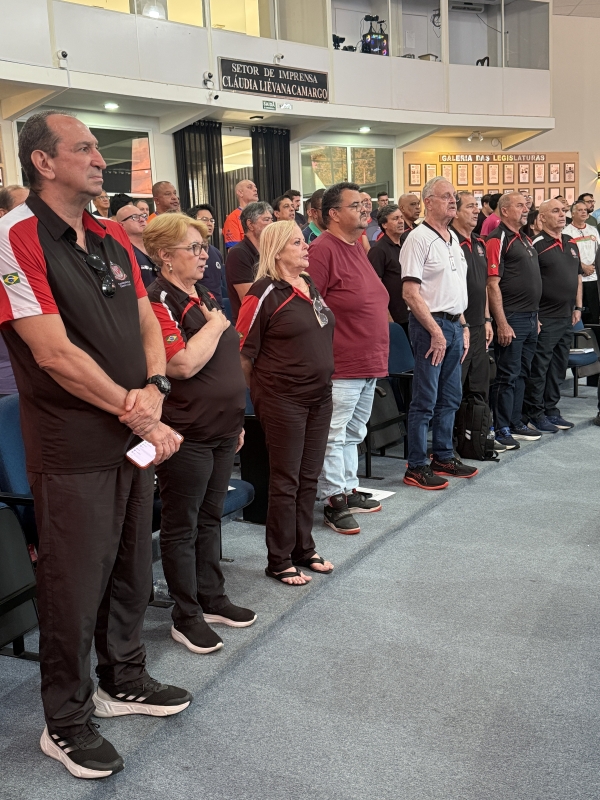participantes reunidos em um auditório acompanham uma solenidade ou congresso, posicionados em pé diante das cadeiras durante um evento institucional.