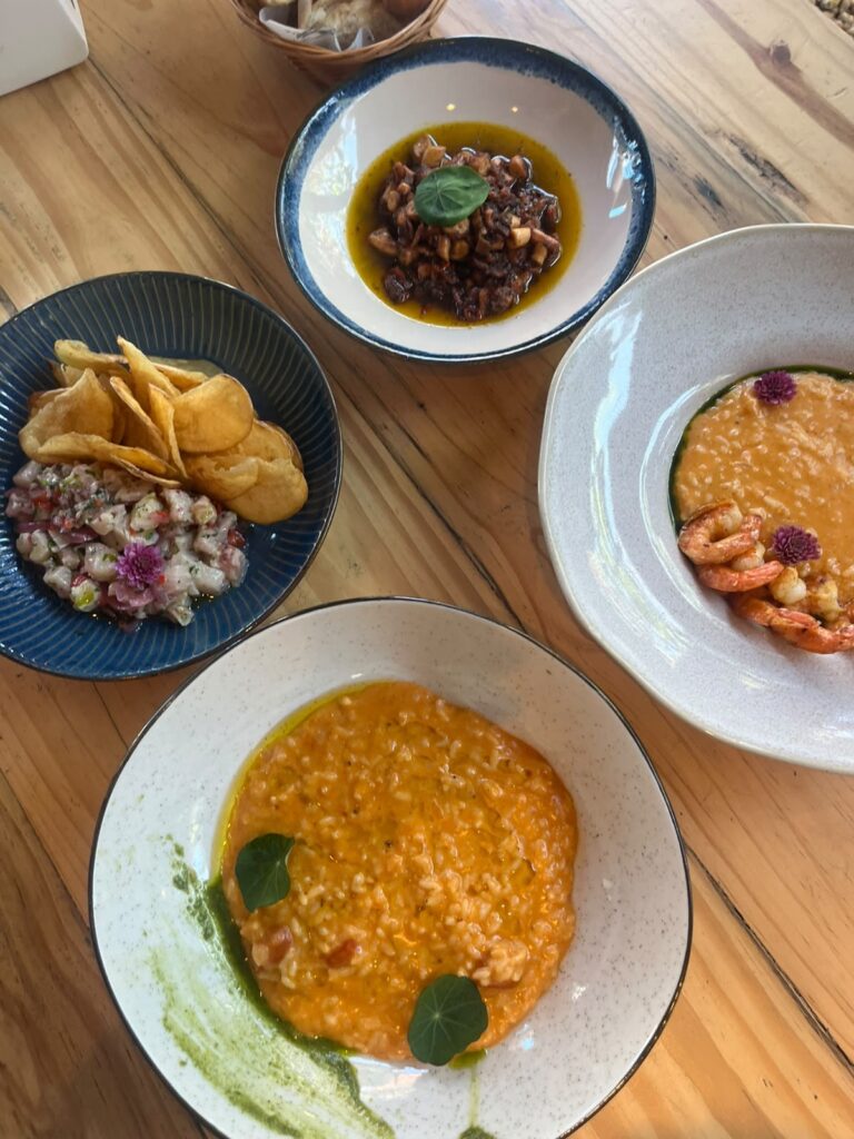 Esta imagem captura uma mesa de restaurante ricamente disposta com quatro pratos distintos de culinária gourmet, dispostos sobre uma superfície de madeira clara, convidando a uma experiência gastronômica visualmente atraente. A composição é organizada em uma disposição circular sobre uma mesa de madeira. O ângulo de visão é cenital, capturando os pratos de cima para baixo, o que permite visualizar claramente a textura e a montagem de cada preparação. O equilíbrio visual é mantido através da alternância entre pratos de cores quentes e elementos crocantes, criando um contraste harmonioso entre os recipientes de diferentes estilos, alguns com bordas escuras e outros mais claros e rústicos, todos dispostos para preencher o campo visual de forma simétrica. Os quatro pratos principais apresentam preparações variadas: dois deles contêm risotos de coloração alaranjada vibrante, um guarnecido com camarões grelhados e pequenas flores comestíveis, e o outro com uma decoração de folhas verdes. À esquerda, encontra-se um ceviche adornado com batatas fritas douradas e crocantes, que adicionam volume e textura ao conjunto. No topo, há uma pequena tigela contendo uma preparação de frutos do mar, possivelmente polvo, mergulhada em um molho escuro e rico em azeite. Cada prato é finalizado com atenção aos detalhes, utilizando ervas frescas ou flores para realçar a apresentação estética. A imagem é uma fotografia culinária profissional que prioriza a fidelidade das texturas e cores naturais dos alimentos. A técnica de foco seletivo mantém todos os pratos nítidos, destacando a suculência do risoto e a textura estaladiça das batatas fritas. O estilo é moderno e minimalista, focando na sofisticação dos ingredientes através de uma iluminação clara que evita sombras duras. A escolha dos recipientes, variando entre cerâmicas artesanais com bordas irregulares e acabamentos texturizados, reforça a estética contemporânea e orgânica da alta gastronomia retratada. O cenário é uma mesa de madeira clara com veios visíveis, que confere um tom rústico e acolhedor ao ambiente. A iluminação parece ser natural e difusa, provavelmente proveniente de uma janela próxima, o que realça o brilho nos molhos e o frescor dos ingredientes. Não há distrações no fundo, permitindo que a atenção do observador se concentre exclusivamente nos pratos. A atmosfera é de um almoço ou jantar sofisticado e relaxado, onde a apresentação da comida é valorizada tanto quanto a experiência de saboreá-la, transmitindo uma sensação de prazer sensorial.