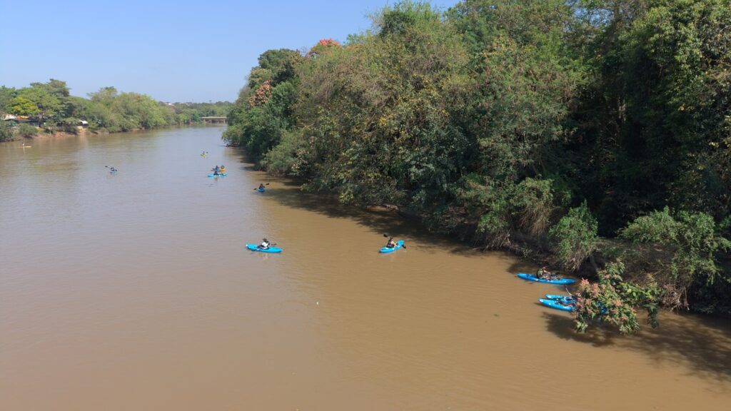 praticantes de caiaque navegam pelo Rio Piracicaba próximo às margens arborizadas, durante ação de monitoramento ou limpeza ambiental.
