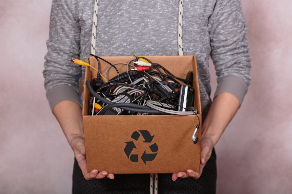 A imagem mostra uma pessoa segurando uma caixa de papelão com o símbolo da reciclagem. Dentro da caixa há diversos cabos, fios, carregadores, conectores e pequenos aparelhos eletrônicos usados, sugerindo o descarte ou recolhimento de lixo eletrônico para reciclagem.