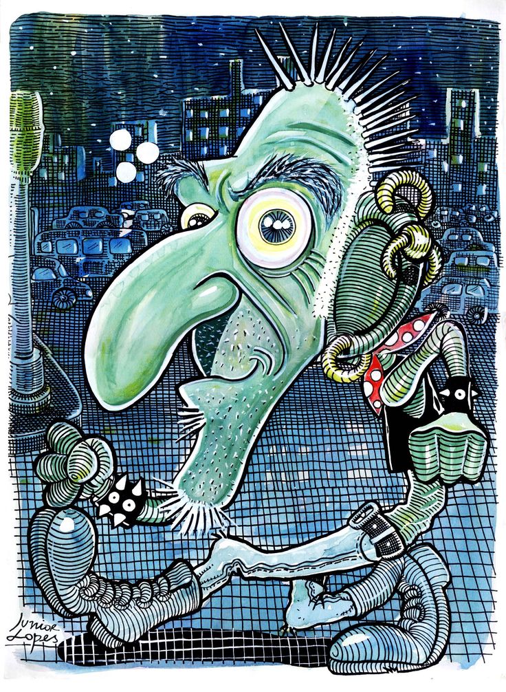 A imagem mostra uma caricatura estilizada de uma figura humana com traços exagerados, como nariz grande e olhos saltados, vestindo acessórios inspirados na estética punk.