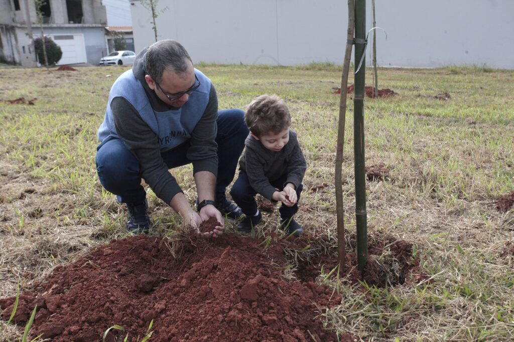 uma pessoa adulta e uma criança colocam terra ao redor de uma muda recém-plantada em uma área gramada, participando de uma atividade de educação ambiental.