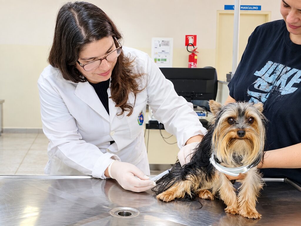 Uma pessoa usando jaleco e luvas aplica uma injeção em um pequeno cão da raça Yorkshire sobre uma mesa de atendimento veterinário. Outra pessoa segura o animal enquanto o procedimento é realizado. O ambiente parece ser uma clínica ou centro veterinário, com equipamentos e sinalização ao fundo.